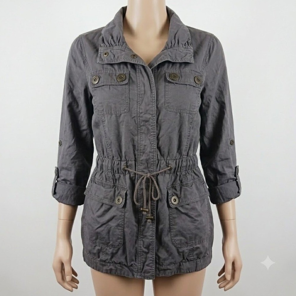 Sashimi Womens Utility Field Jacket Charcoal Gray Cotton Drawstring Waist Large